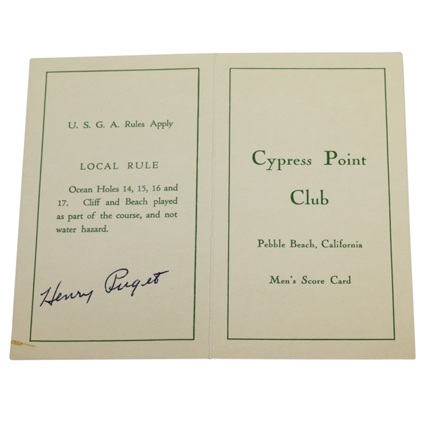 Cypress Point Club Scorecard Signed by Henry Puget - Clubs Pro for 41 Years JSA ALOA