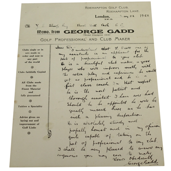 George Gadd (D-1957) Signed Letterhead - Seldom Seen 1927 Ryder Cupper JSA ALOA