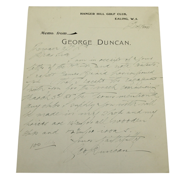 George Duncan (D-1964) Signed Letterhead - 1920 British Open Champ JSA ALOA
