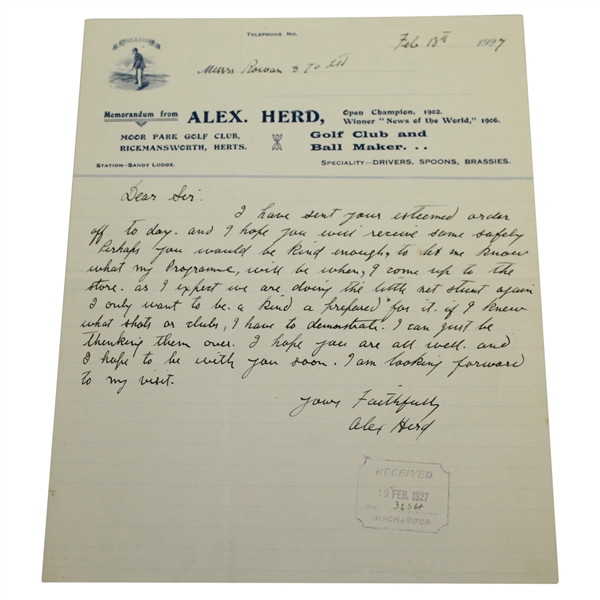 Alex (Sandy) Herd (D-1944) Signed 1927 Letter - 1902 British Open Champ JSA ALOA