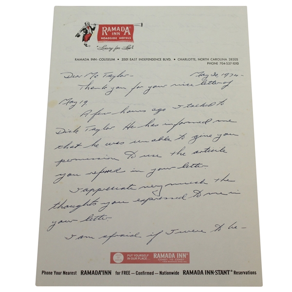 Art Wall Jr. Signed Handwritten Letter - 1959 Masters Champ JSA ALOA