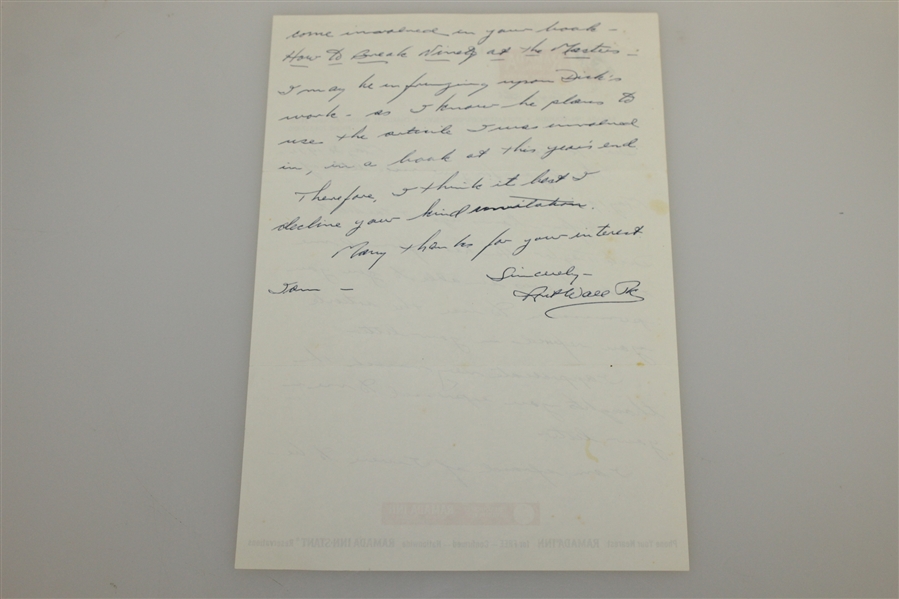 Art Wall Jr. Signed Handwritten Letter - 1959 Masters Champ JSA ALOA