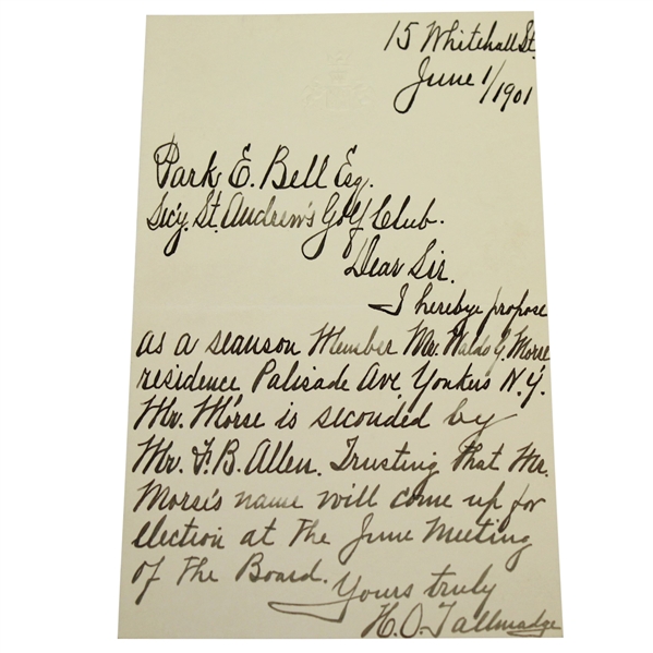 H.O. Tallmadge 1901 Signed Letter - Hosted Founding USGA Dinner in 1894 JSA ALOA