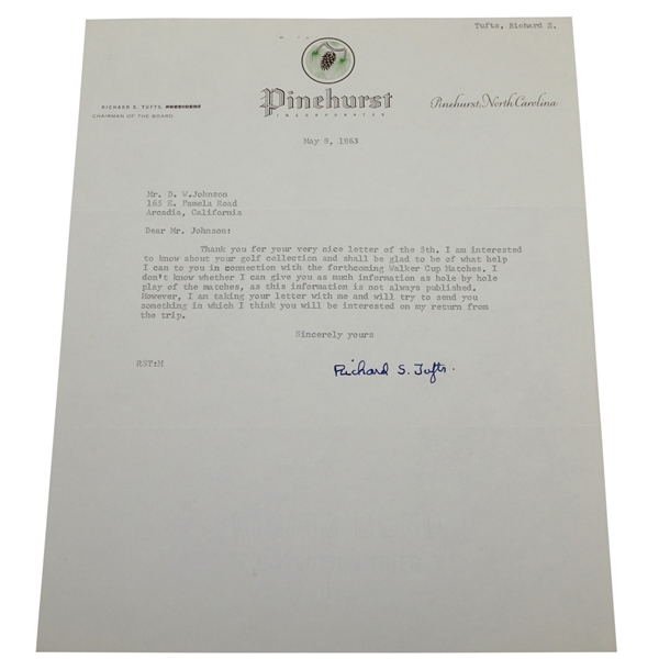 Richard Tufts (D-1980) Signed 1963 Pinehurst Letterhead - Golf H.O.F. JSA ALOA