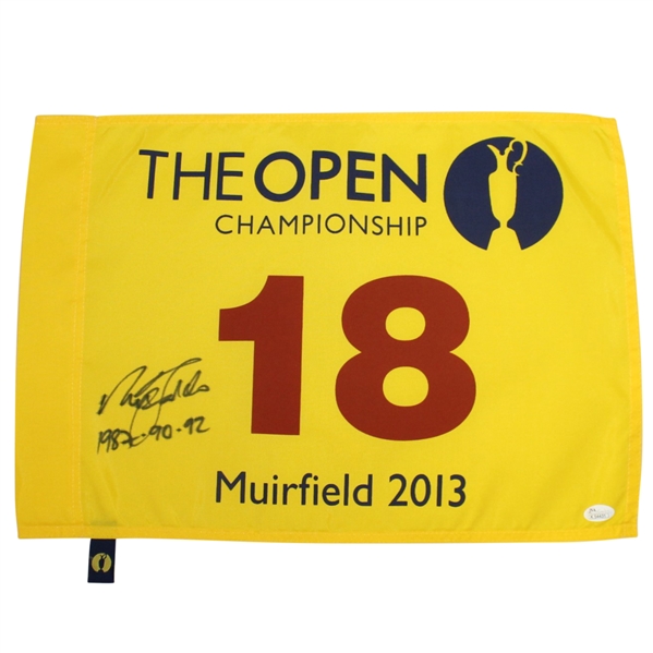 Nick Faldo Signed 2013 Open Championship Flag with Years Won Notation JSA #K54431