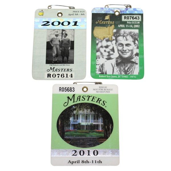 2001, 2002, & 2010 Masters Tournament Series Badges - Woods(x2) & Mickelson
