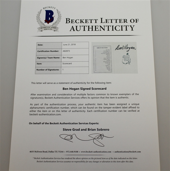Ben Hogan Signed Official Augusta National Golf Club Scorecard FULL BECKETT #A82873