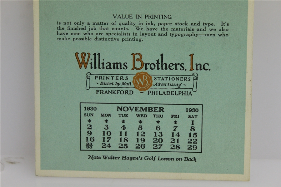 1930 Walter Hagen Williams Brothers Inc. Lesson Calendars - Sept-Oct-Nov
