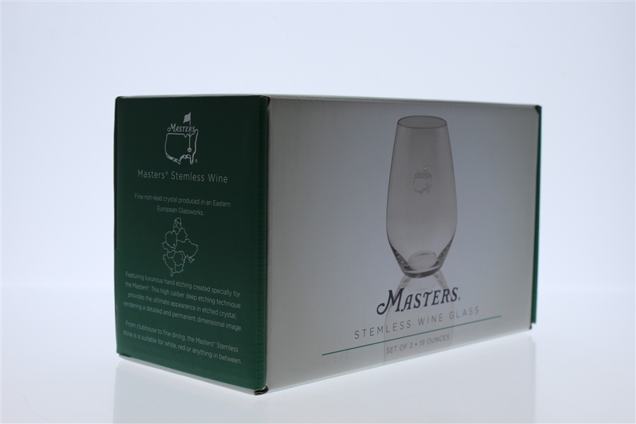 Masters Stemless Wine Glasses w/ Beveled Base & Etched Frosted Logo On Front