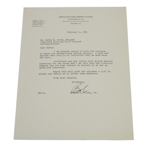Bobby Jones Signed February 6, 1951 Letter to Coca-Cola Bottling Co. JSA ALOA
