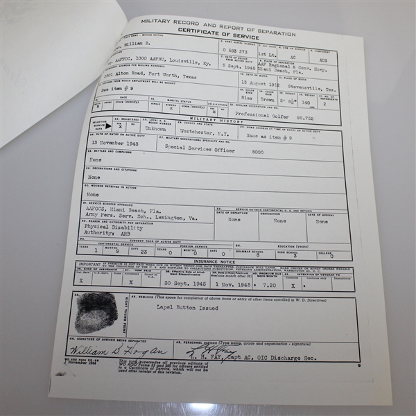 Ben Hogan's Certificate of Military Service Photocopy
