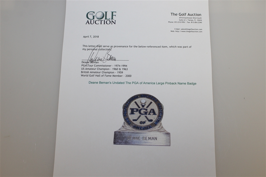 Deane Beman's Undated The PGA of America Large Pinback Name Badge