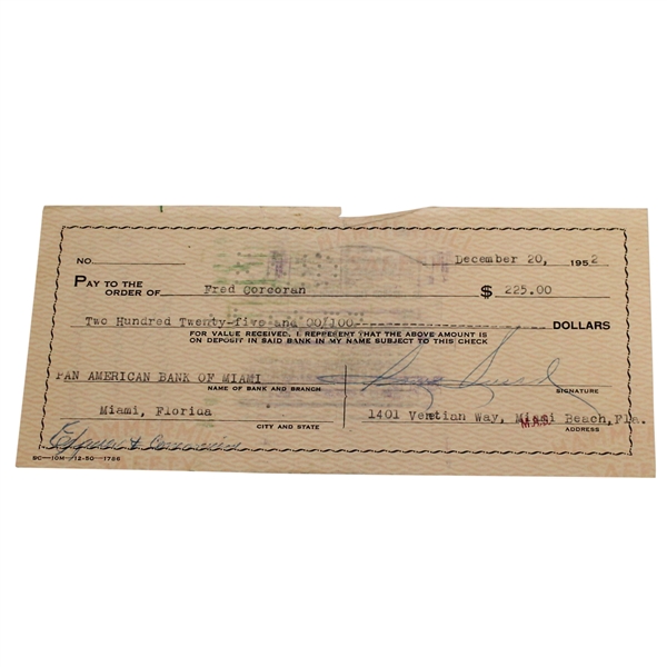 Sam Snead Signed 1952 Personal Check to Fred Corcoran JSA ALOA