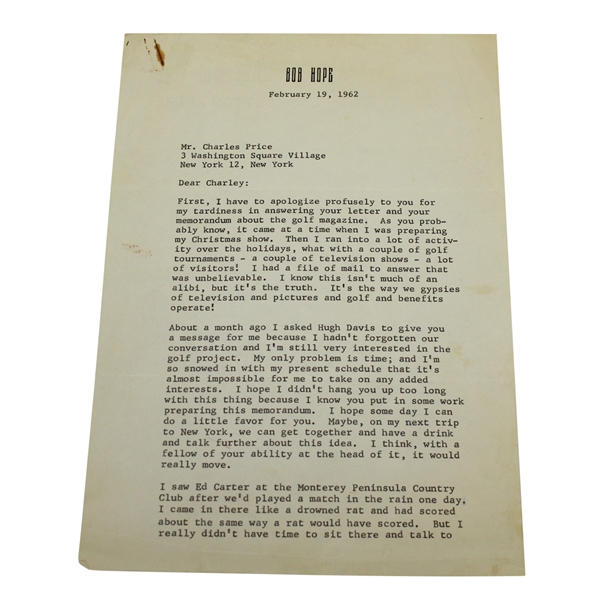 Bob Hope Letter to Charles Price - February 19, 1962