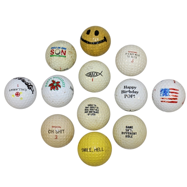 Twelve Miscellaneous Logo Golf Balls - Hole-In-One, Smiley Face, Holidays, and other