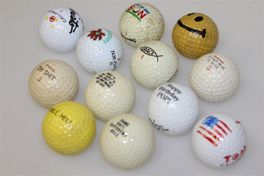 Twelve Miscellaneous Logo Golf Balls - Hole-In-One, Smiley Face, Holidays, and other