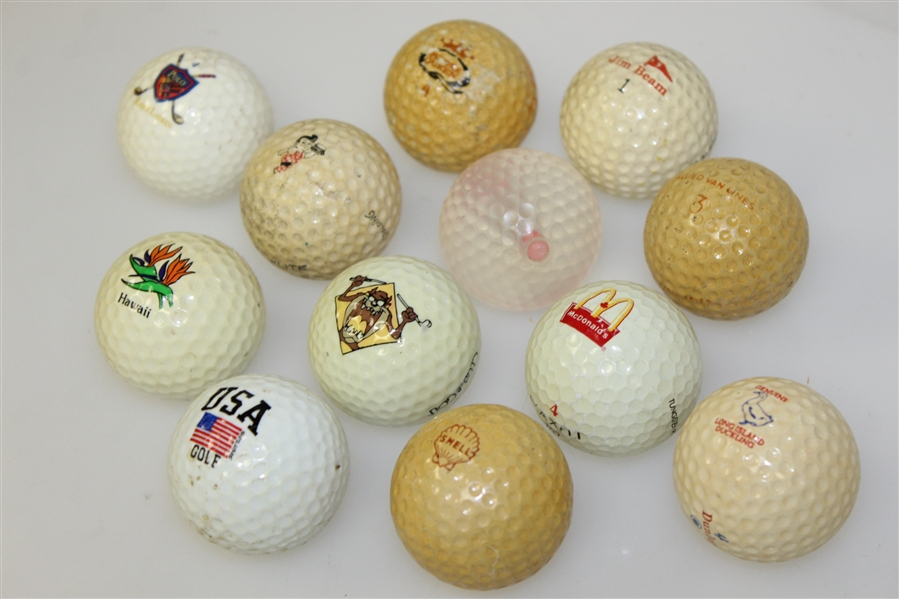 Twelve Miscellaneous Logo Golf Balls - Hawaii, McDonalds, Jim Beam and other