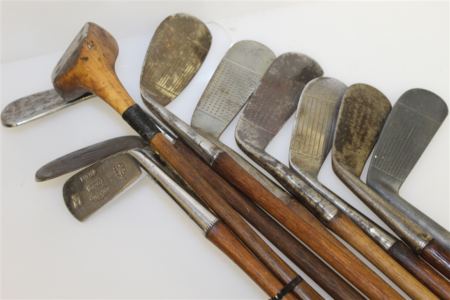 Vintage Wooden Shaft Clubs with 1920's Canvas Golf Bag - 10 Clubs inc. 2 Junior Clubs