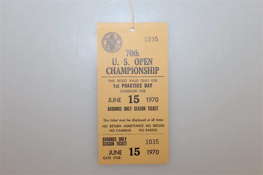 1970 US Open Press Badge, Parking Pass, Three Unused Tickets