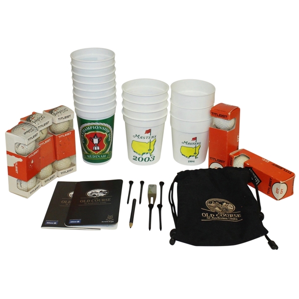 Assorted Golf Memorabilia Lot - Various Tournament Drinking Cups, 5 Titlesit Golf Ball Sleeves, St. Andrews Tool Bag  