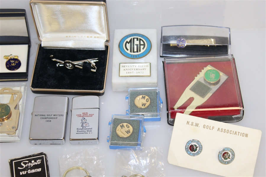 Golf Accessories Lot - Assorted Lighters, Cuff Links & Tie Tacks From Various Tournaments/Clubs