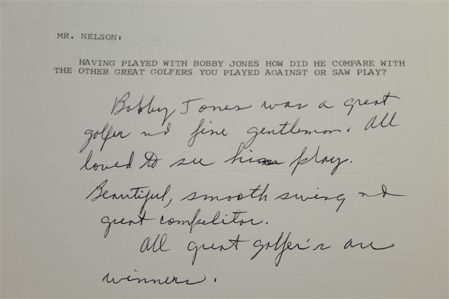Byron Nelson Signed Letter w/ Bobby Jones Content JSA AOLA