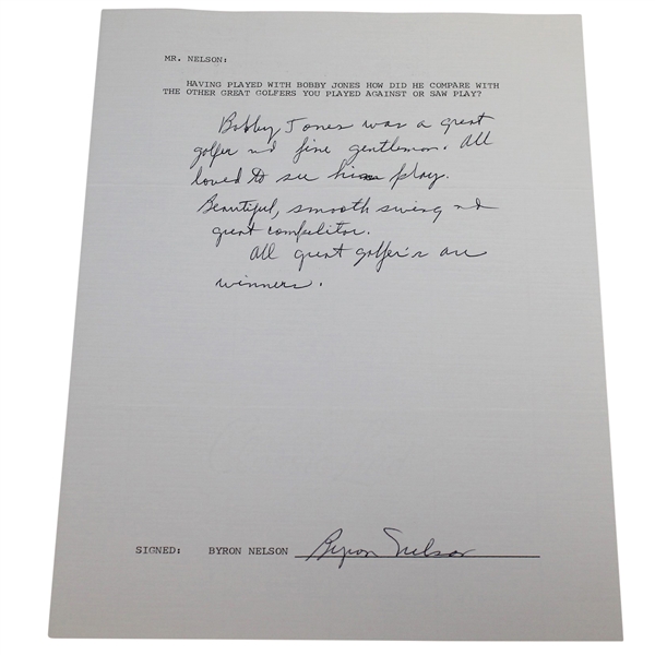 Byron Nelson Signed Letter w/ Bobby Jones Content JSA ALOA