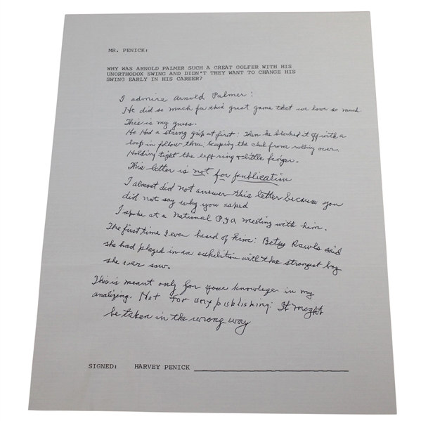 Harvey Penick Hand Written Analysis of Arnold Palmer's Swing - Full Page JSA ALOA