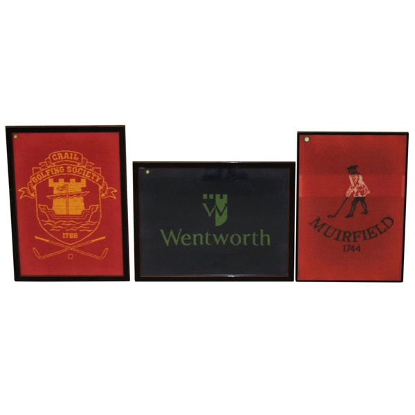 3 Framed Logo Golf Towels - Muirfield (1744), Wentworth (1786), Grail Golfing Society(Undated)