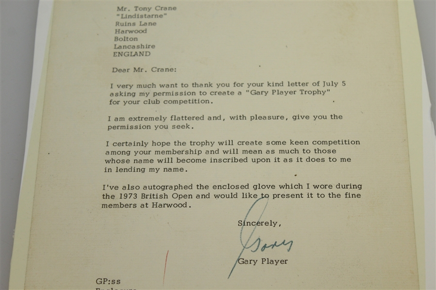 Gary Player Match Used At 1973 British Open Glove w/ Letter Of Provenance