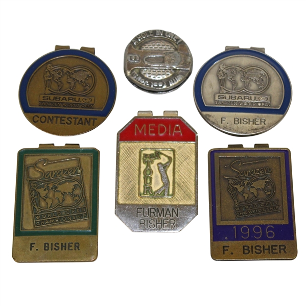Four Furman Bisher Contestant Badges, a Media Badge, & Hole-In-One Coin