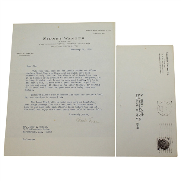 Chick Evans Signed 1970 Letter to Jim Chapin on Sidney Wanzer Letterhead with Envelope JSA ALOA