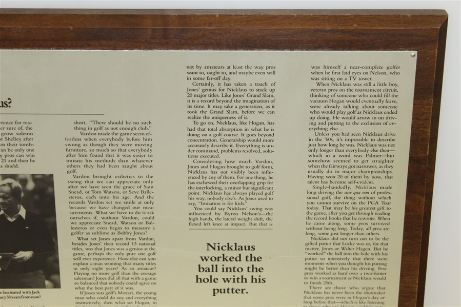 Charles Price's 1990 'Who is Jack Nicklaus?' GWAA First Place Plaque - Writing Competition
