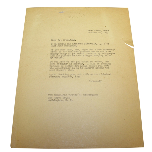 Copy of Letter From Ben Hogan to President Eisenhower Asking for Autograph