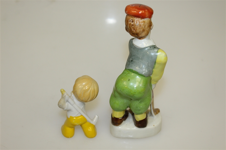 Pair of Vintage Japanese Hand Painted Porcelain Golfers - One on Base