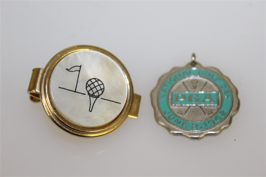 1962 PGA Golf Day Medal, Golf Tie Clip, 2004 Constellation Energy Clip, & Metal Golfer with Clasp