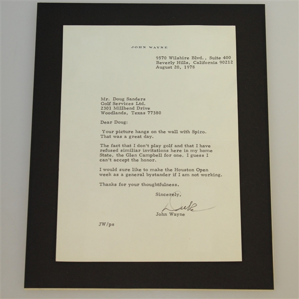 John 'The Duke' Wayne Signed Letter to Doug Sanders 8/20/1978 with Envelope JSA ALOA