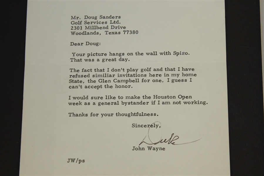 John 'The Duke' Wayne Signed Letter to Doug Sanders 8/20/1978 with Envelope JSA ALOA
