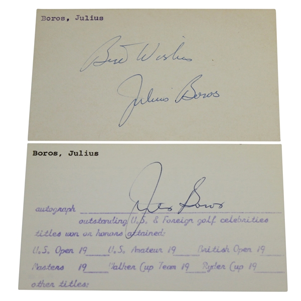 Two Julius Boros Signed 3x5 Index Cards - 'Best Wishes' & Credentials List JSA ALOA