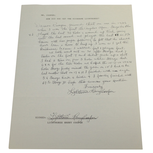 Harry Cooper  Twice Signed & Handwritten Response Letter About 'Lighthorse' Nickname-LA Open Content- JSA ALOA