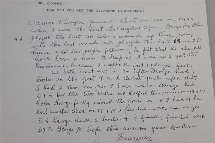 Harry Cooper  Twice Signed & Handwritten Response Letter About 'Lighthorse' Nickname-LA Open Content- JSA ALOA