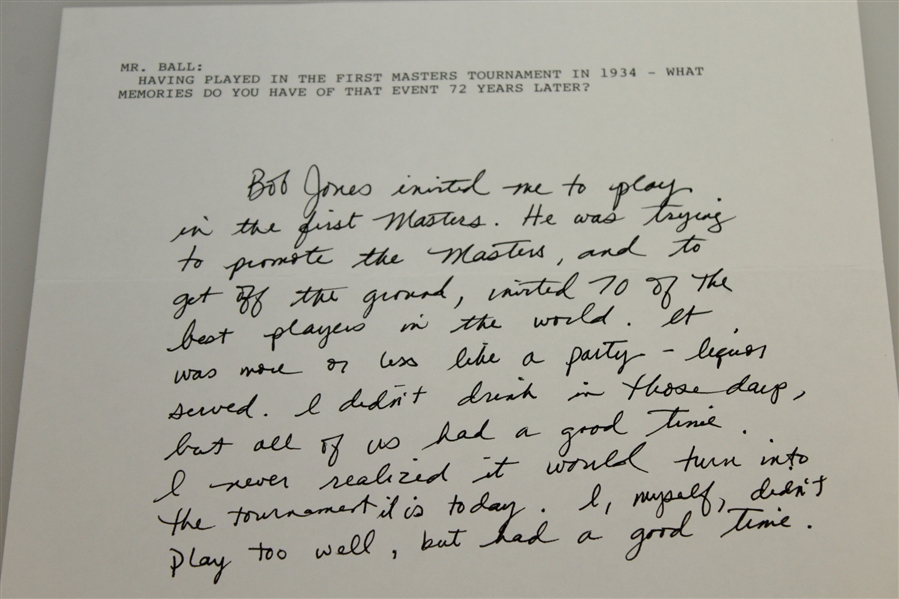 Errie Ball Signed & Handwritten Response About Playing in 1934 Masters with Jones JSA ALOA