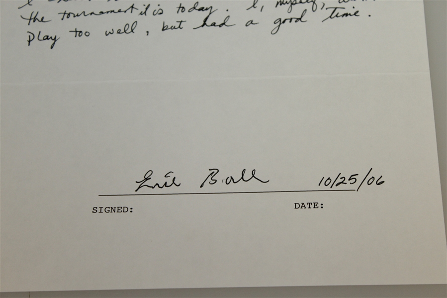 Errie Ball Signed & Handwritten Response About Playing in 1934 Masters with Jones JSA ALOA