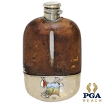 Vintage Sterling Silver, Glass & Leather Sheath Flask with Monogrammed "LGW" & Enameled Golfer