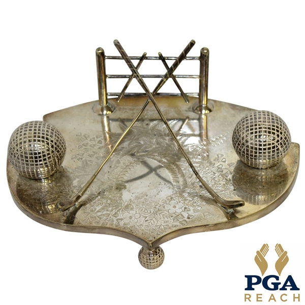 Circa 1910 Ornate Silver Silver Plate Inkwell with Golf Balls & Crossed Golf Clubs 