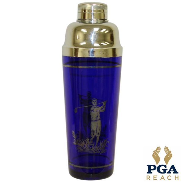 Blue Glass Sterling Silver Golfer Etched Cocktail Shaker with Cover