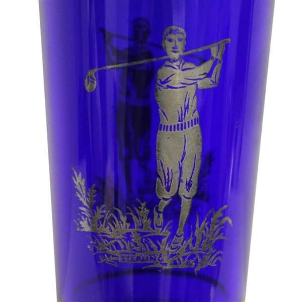 Blue Glass Sterling Silver Golfer Etched Cocktail Shaker with Cover