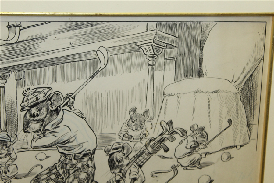 1905 Original 'Mice at Play' Pen And Ink Golf Illustration for PUCK Magazine Signed by J.S. Pughe