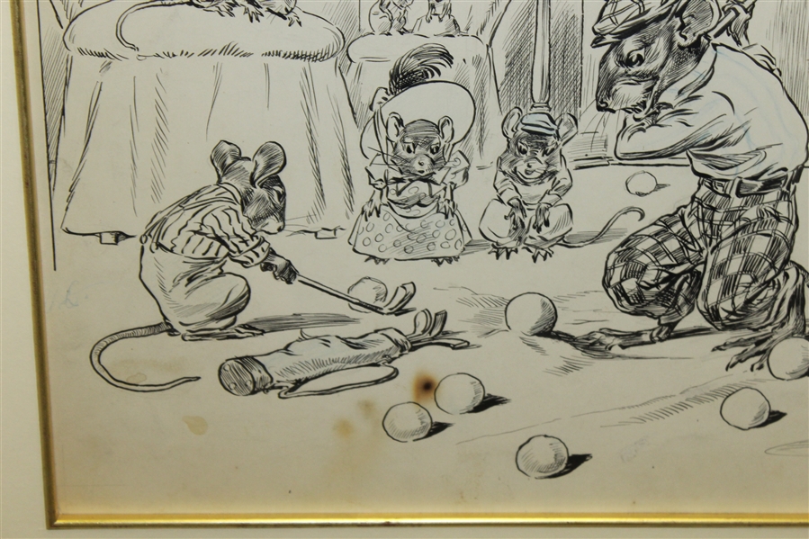 1905 Original 'Mice at Play' Pen And Ink Golf Illustration for PUCK Magazine Signed by J.S. Pughe