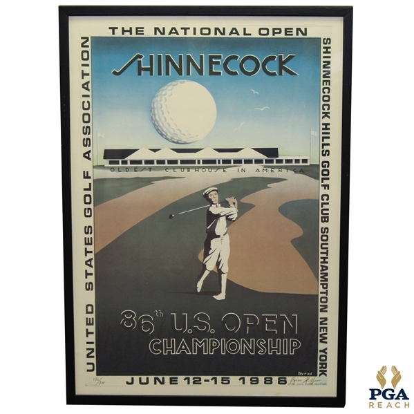 1986 US Open at Shinnecock Hills Artist Byron Huff Signed Poster - Ray Floyd Winner - Framed